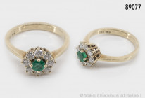 Ring, 585 Gelbgold, Krabbenfassung, 8 Brillanten zu je ca. 0,015 ct., 1 Smaragd in der Mitte, Größe ca. 52, 3,25 g