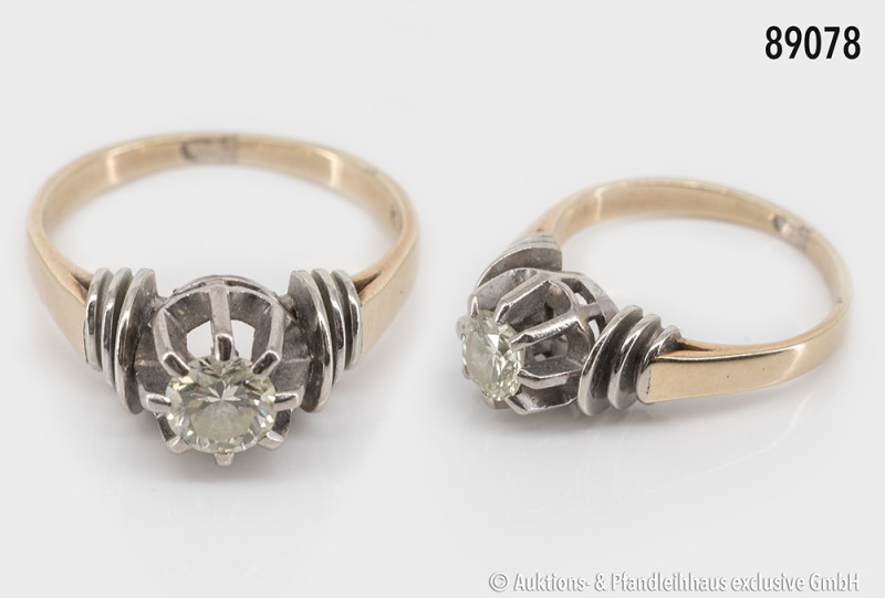 Ring, 585 Gelbgold, mit einem Brillanten ca. 0,3 ct., in Weißgold gefasst, hohe ...