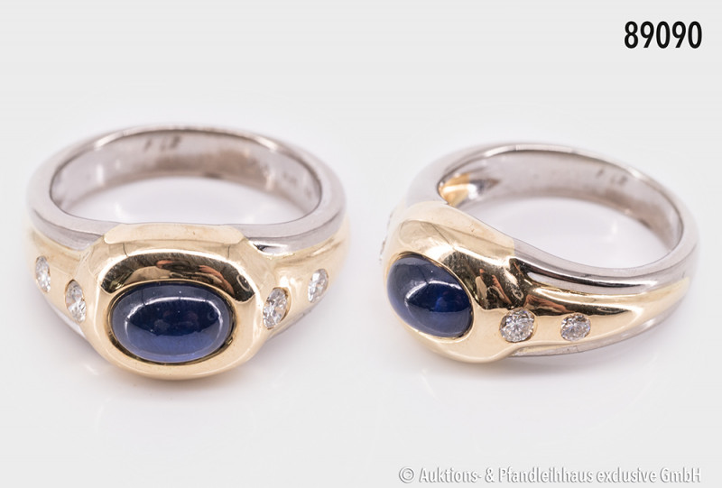 Ring, 750 Gelb- und Weißgold kombiniert, mit Saphir-Cabochon und 4 Diamanten zu ...