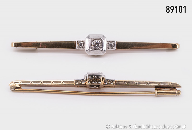 Brosche, 585 Gelbgold, mit seitlichen Durchbrucharbeiten, 3 Diamanten, in der Mi...