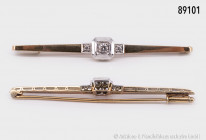 Brosche, 585 Gelbgold, mit seitlichen Durchbrucharbeiten, 3 Diamanten, in der Mitte ca. 0,06 ct. und 2 Punktdiamanten, L ca. 62 mm, Gesamtgewicht ca. ...