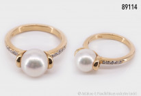 Ring, 750 Gelbgold, mit einer großen Perle und 10 Punktdiamanten, Größe ca. 54, Gesamtgewicht ca. 4,9 g
