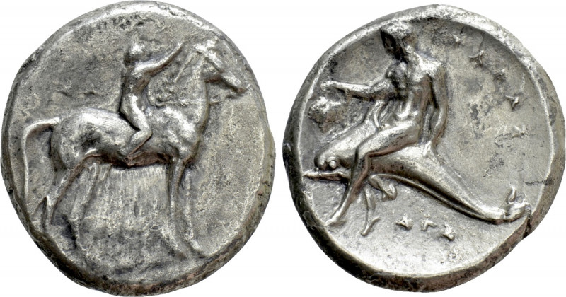 CALABRIA. Tarentum. Nomos (Circa 302-280 BC). 

Obv: Rider on horse standing r...