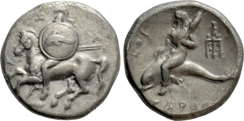 CALABRIA. Tarentum. Nomos (Circa 290-281 BC). 

Obv: Warrior, holding two spea...