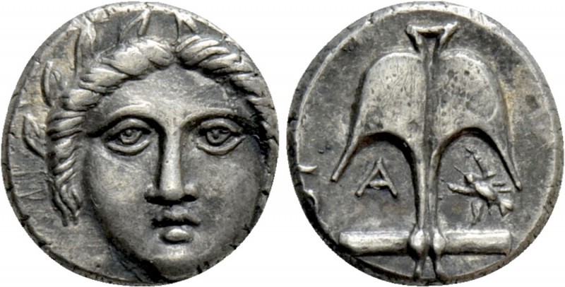 THRACE. Apollonia Pontika. Diobol (Circa 375-335 BC). 

Obv: Facing laureate h...