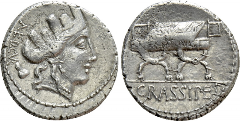 P. FURIUS CRASSIPES. Denarius (84 BC). Rome. 

Obv: AED CVR. 
Turreted head o...