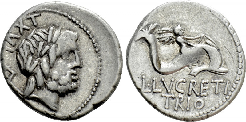 L. LUCRETIUS TRIO. Denarius (74 BC). Rome. 

Obv: Laureate head of Neptune rig...
