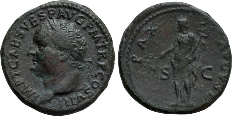 TITUS (79-81). As. Rome. 

Obv: IMP T CAES VESP AVG P M TR P COS VIII. 
Laure...