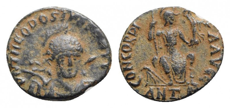 Theodosius II (402-450). Æ (15mm, 1.90g, 6h). Antioch. Helmeted, diademed and cu...