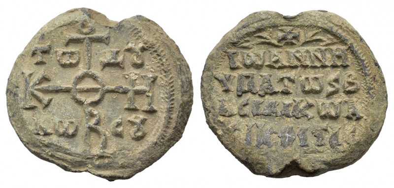 Byzantine PB Seal. John hypatos, c. 8th century (33mm, 28.56g). Cruciform monogr...