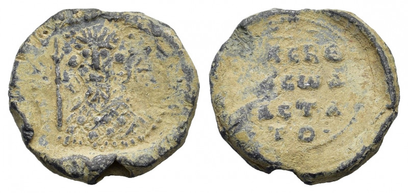 Byzantine Pb Seal, c. 7th-12th century (25.5mm, 13.00g). Facing bust Saint, hold...