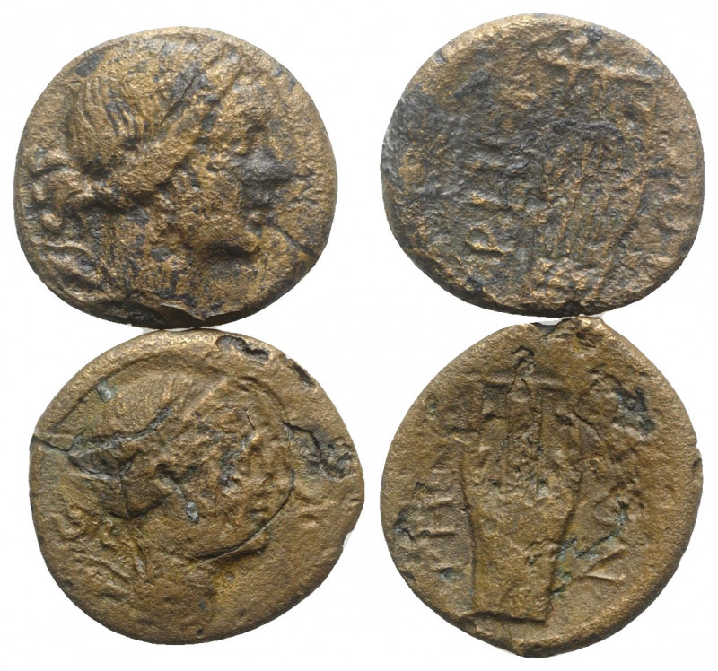 Bruttium, Rhegion, c. 260-215 BC. 2 Æ coins (22-23mm, 5.65-6.65g). Bust of Artem...