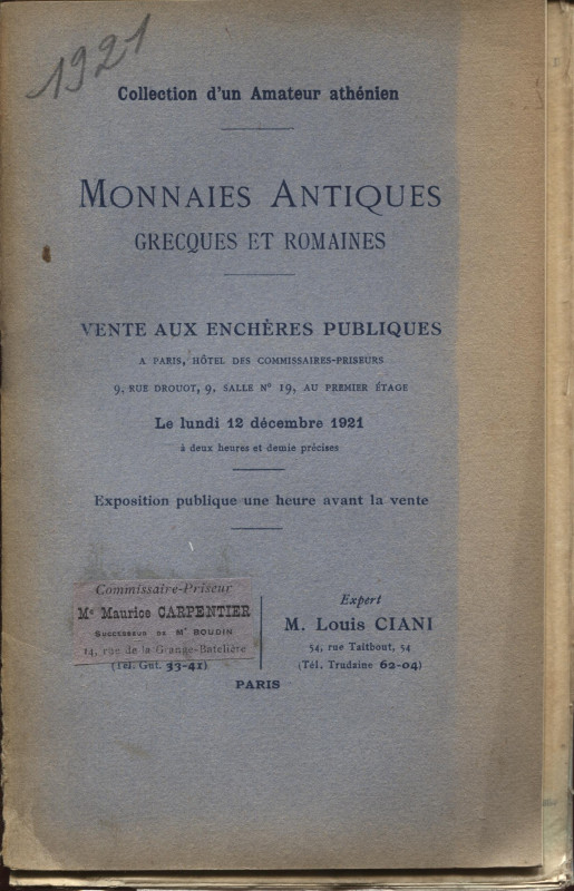 CIANI L. – Paris, 12 – Decembre, 1921. Monnaies antiques, grecques et romaines. ...