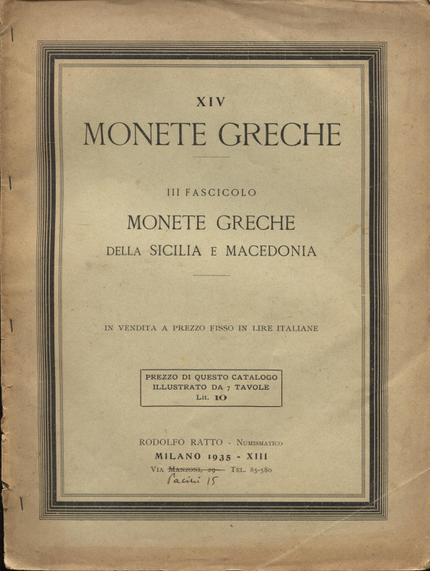 RATTO R. – Milano, 1935 . Listino a prezzi fissi N XIV. Monete greche della Sici...