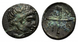 Macedon, Amphipolis, c. 410-357 BC. Æ (10mm, 1.00g). Head of youth r., wearing tainia. R/ Race torch. HGC 3.1, 438. Near VF