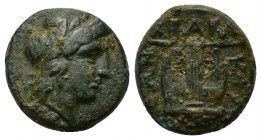 Macedon, Chalkidean League, Olynthos, c. 360-348 BC. Æ (15mm, 3.70g). Laureate head of Apollo r. R/ Kithara. HGC 3.1, 511. Good Fine