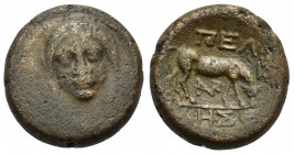 Macedon, Pella, c. 187-168/7 BC. Æ (19mm, 8.80g). Veiled head of Demeter facing. R/ Cow grazing r., feeding on ear of grain; monogram below. SNG ANS 5...