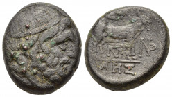 Macedon, Pella, c. 187-31 BC. Æ (16mm, 7.30g). Head of Poseidon r. R/ Cow standing r. HGC 3.1, 617. Good Fine