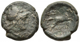 Macedon, Thessalonica, c. 187-31 BC. Æ (18mm, 5.70g). Helmeted head of Athena r. R/ Horse galloping r. HGC 3.1, 727. Fine