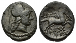 Macedon, Thessalonica, c. 187-31 BC. Æ (17mm, 6.00g). Helmeted head of Athena r. R/ Horse galloping r.; caduceus below. SNG ANS 770-2; HGC 3.1, 727. N...