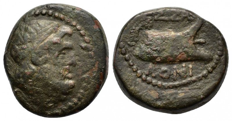 Macedon, Thessalonica, 37 BC. Æ (18mm, 7.48g). Laureate head of Zeus r. R/ Prow ...