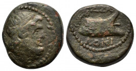 Macedon, Thessalonica, 37 BC. Æ (18mm, 7.48g). Laureate head of Zeus r. R/ Prow of galley r. HGC 3.1, 731. Good Fine