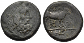 Macedon, Thessalonica, c. 159-149 BC. Æ (19mm, 6.20g). Head of Dionysos r., wearing ivy-wreath. R/ Goat standing r. Cf. SNG ANS 764-9. Dark patina, Go...