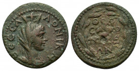 Macedon, Thessalonica. Time of Commodus (177-192). Æ (20mm, 4.54g). Turreted, veiled, and draped bust Tyche r. R/ Legend in four lines within wreath. ...