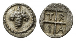 Macedon, Tragilos, c. 450-400 BC. AR Hemiobol (7mm, 0.20g). Grape cluster. R/ Quadripartite incuse square; T-P-A-I in quarters. HGC 3.1, 746. VF