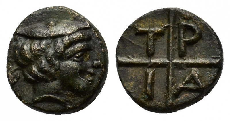 Macedon, Tragilos, c. 420-400 BC. Æ (10mm, 0.90g). Head of Hermes r., wearing pe...