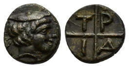 Macedon, Tragilos, c. 420-400 BC. Æ (10mm, 0.90g). Head of Hermes r., wearing petasos. R/ Quadripartite incuse with ethnic. HGC 3.1, 750. VF