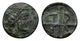 Macedon, Tragilos, c. 420-400 BC. Æ (9mm, 0.73g). Head of Hermes r., wearing petasos. R/ Quadripartite incuse with ethnic. HGC 3.1, 750. Good Fine
