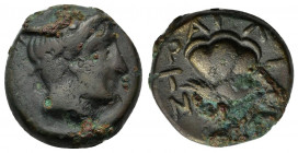 Macedon, Tragilos, c. 400 BC. Æ (14mm, 4.00g). Head of Hermes r., wearing petasos. R/ Rose. HGC 3.1, 747. Good Fine