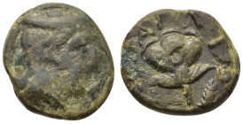 Macedon, Tragilos, c. 400 BC. Æ (13mm, 2.50g). Head of Hermes r., wearing petasos. R/ Rose. HGC 3.1, 747. Fine