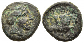 Macedon, Tragilos, c. 400 BC. Æ (14mm, 3.70g). Head of Hermes r., wearing petasos. R/ Rose. HGC 3.1, 747. Fine