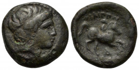 Kings of Macedon, Philip II (359-336 BC). Æ Unit (18mm, 5.00g). Uncertain mint in Macedon. Diademed head of Apollo r. R/ Youth on horseback riding r.;...