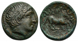 Kings of Macedon. Alexander III ‘the Great’ (336-323 BC). Æ (16mm, 4.00g). Amphipolis. Diademed male head r. R/ Horse galloping r. HGC 3.1, 928. Good ...
