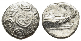 Kings of Macedon, time of Philip V and Perseus (187-168 BC). AR Tetrobol (12mm, 1.50gg). Bottiaia. Macedonian shield. R/ Prow of galley r. HGC 3.1, 35...