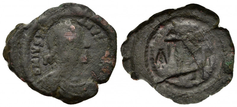 Justinian I (527-565). Æ 16 Nummi (18mm, 2.60g). Thessalonica, 538-552. Diademed...