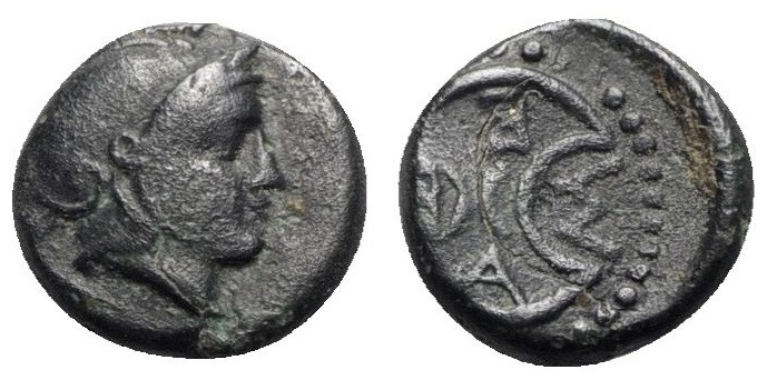 Thrace, Mesambria, c. 351-341/23 or 281-196/88 BC. Æ (13mm, 2.12g). Helmeted hea...