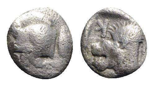 Mysia, Kyzikos, c. 450-400 BC. AR Obol (9mm, 0.64g, 6h). Forepart of boar l.; tu...