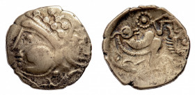 Gaul, Aulerci Eburovices - Electrum Hemistater 60-50 BC - Obverse: Celticized head of Apollo left, dotted bands with plain cheek; boar left below - Re...