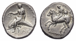 Calabria
Tarentum - Didrachm or Nomos circa 302-280 BC - Obverse: Nude warrior on horseback to left, holding bridles in his right hand and carrying s...