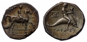 Calabria
Tarentum - Didrachm circa 272-240 BC - Obverse: Nude rider on horseback right; above, Nike flying right, crowning rider - Reverse: Halanthos...