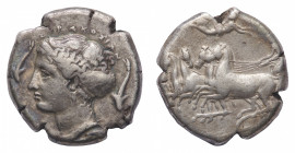 Sicily
Syracuse - Second Democracy (466-405 BC) - Tetradrachm signed by Parmenides circa 410-405 BC - Obverse: Fast quadriga, about to turn left, dri...