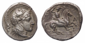 Thessaly
Pharsalos - Late 5th-mid 4th century BC - Drachm - Obverse: Helmeted head of Athena right; TΘ to left - Reverse: Thessalian warrior on horse...