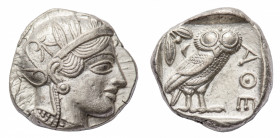 Attica
Athens - Tetradrachm circa 454-404 BC - Obverse: Helmeted head of Athena right, with frontal eye - Reverse: Owl standing right, head facing, c...