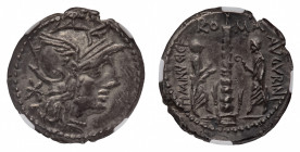Ti. Minucius C.f. Augurinus - Denarius 134 BC NGC AU Strike 4/5 Surface 3/5 - Mint: Rome - Obverse: Helmeted head of Roma right - Reverse: Two figures...