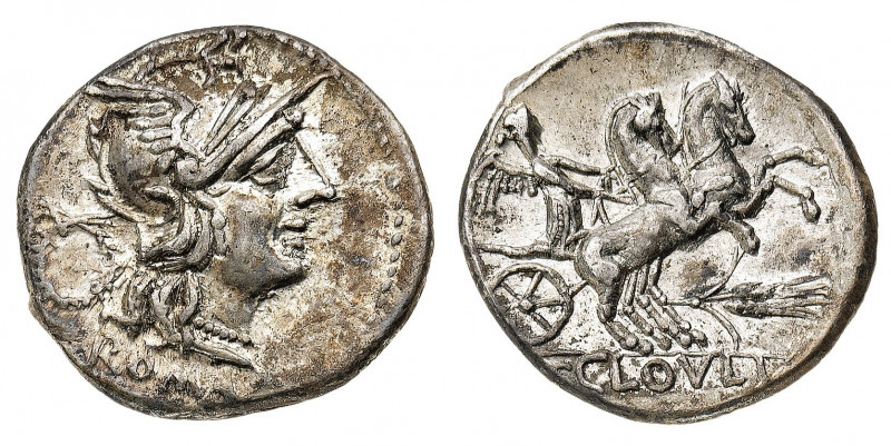 T. Cloelius - Denarius 128 BC - Mint: Rome - Obverse: Helmeted head of Roma righ...