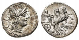 T. Cloelius - Denarius 128 BC - Mint: Rome - Obverse: Helmeted head of Roma right - Reverse: Victory driving rearing biga right, holding reins; stalk ...